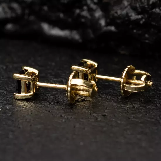 14K Gold Plated Men's Black Onyx Cz Princess Cut Stud Screw Back Post Earrings