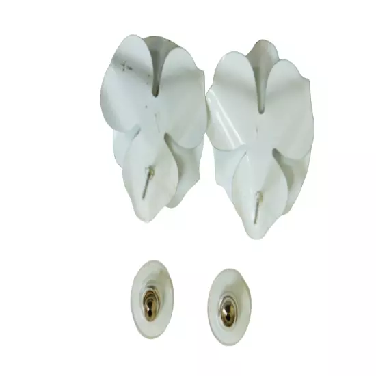 Enameled Magnolia Flower Stud Earrings White & Gold Tone