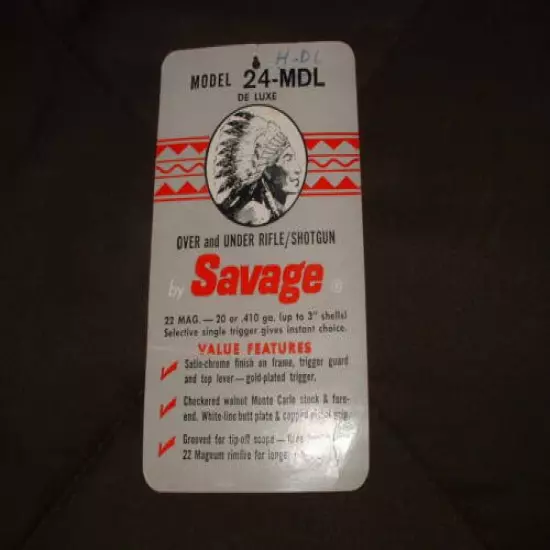 VINTAGE ORIGINAL SAVAGE MODEL 24-MDL ADVERTISEMENT SALE CARD! .22 WMR OVER UNDER