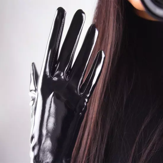 LATEX GLOVES Shine Leather Faux Patent Vegan PU 8" 21cm Short Basic Shine Black