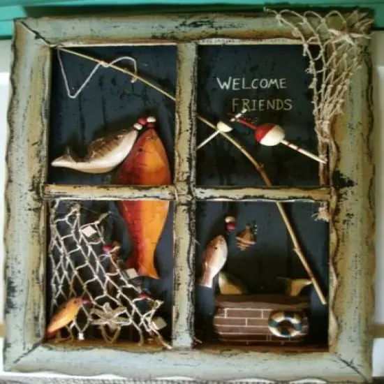 Rustic Primitive 3D Fishing Display Wood Shadow Box Fishing Design Collectible