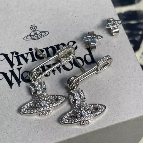 Vivienne Westwood Silver Tone Crystal Saturn Earrings Women Gift w/ Original Box