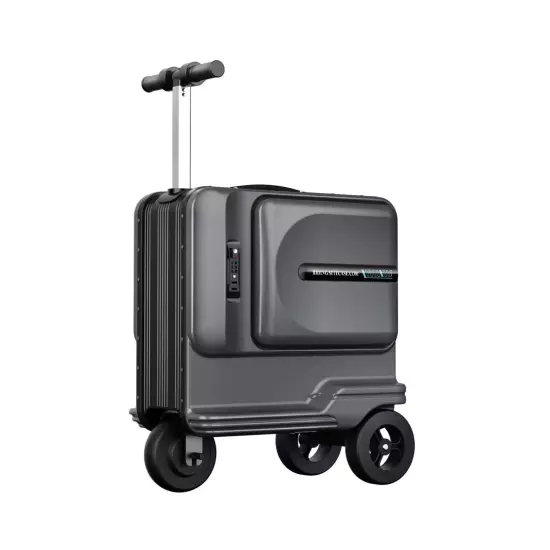 Silver electric ride on suitcase/riding suitcase, TSA approved carry on luggage