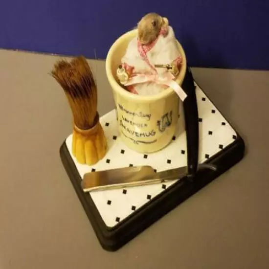 Taxidermy Mouse Mice in Mug Bathing Shaving Tail around Handle 7x4.5x5"