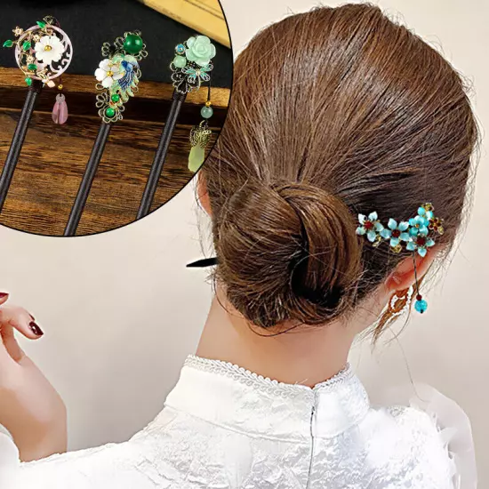 Womens Wooden Hair Stick Pins Chopstick Handmade Flower Hairpins Chinese Style