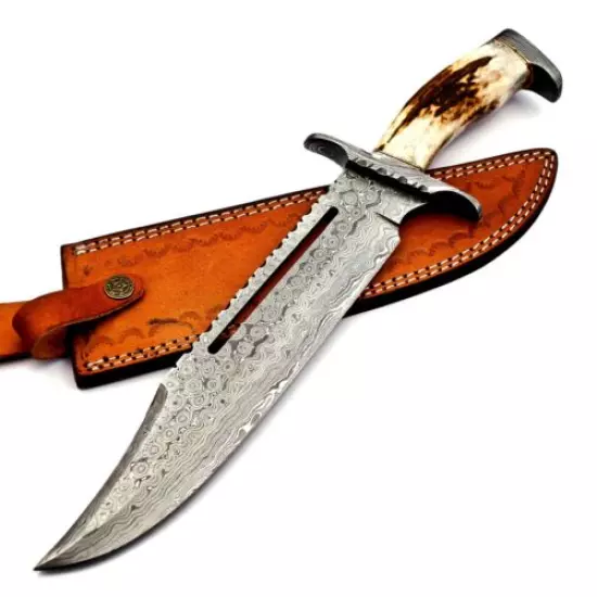 Handmade Damascus Steel Hunting Bowie Knife Stag Handle With Leather Sheath