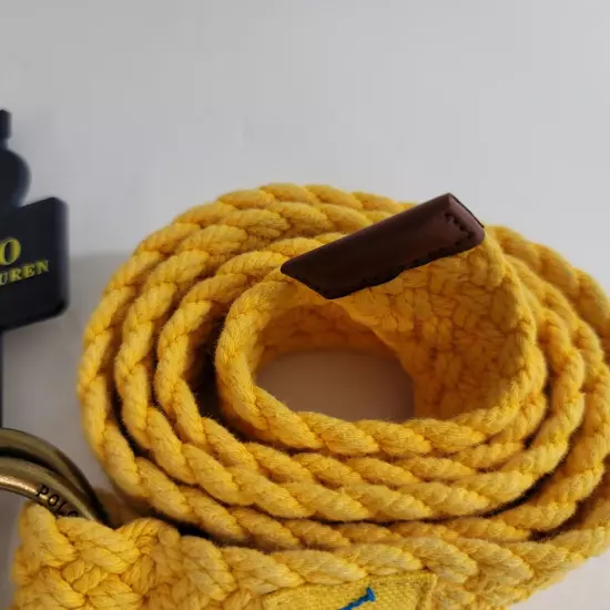 Polo Ralph Lauren Leather-Trim Canvas Belt Men Medium Yellow Double D Ring Braid