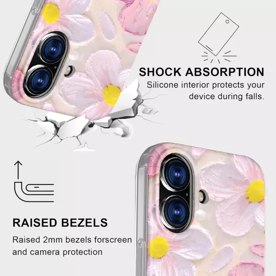 iPhone 16 Case for Women - Cute Flower & Heart Design -Includes Screen Protector