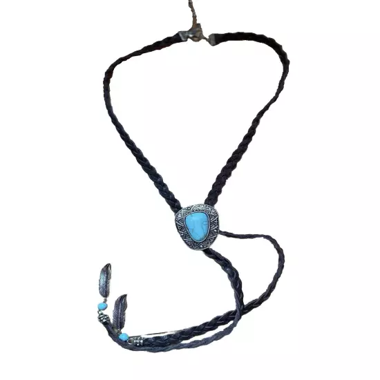 IDYLLWIND Western Faux Turquoise And Leather Bolo Tie W/ Beaded Feather Accents 