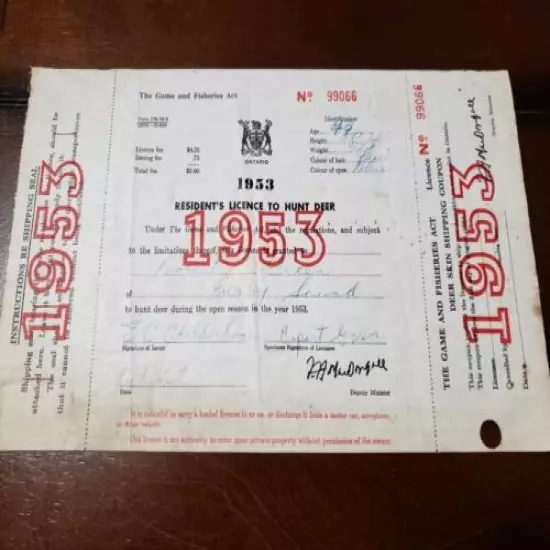 1953 Ontario Deer Hunting License + 2tags Lands & Forests Game Fisheries L&F MNR