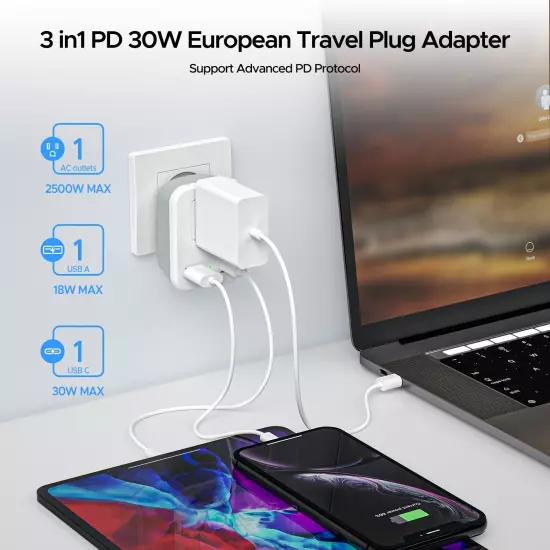 Type C Europe Travel Adapter, US to EUR Travel Plug with USB PD 30W for Italy...