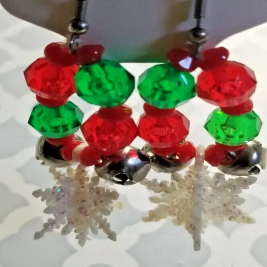 Earrings 3-D Snowflakes Jingle Bells + Beads Dangle Pierced