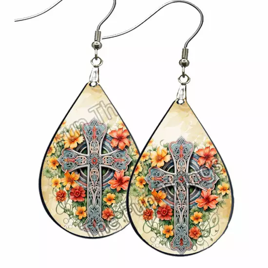 Celtic Cross Earrings Teardrop NO TARNISHING Religious Crucifix Jewelry