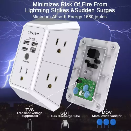 Wall Charger, Surge Protector, QINLIANF 5 Outlet Extender with 4 USB Charging