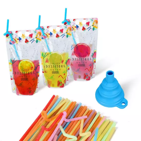 50PACK Disposable Drink Container Straw Set+Zipper Funnel for Cold & Hot Drinks