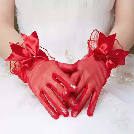 Women Short Bow Lace Floral Gloves Gothic Bride Wedding Mittens Sunscreen Gloves