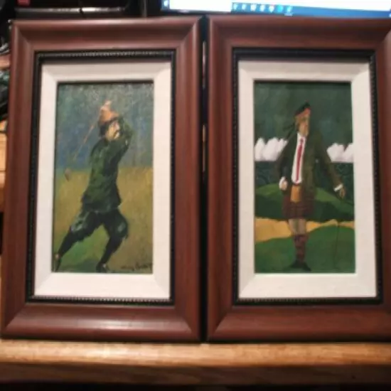 2 Hand Signed 9" X 11" Golfer Hand Crafted Paintings, Free Shipping