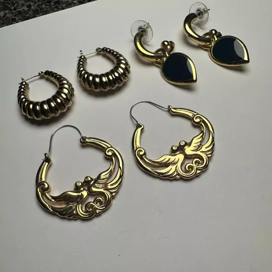 Retro Mix Hoop / Dangle Pierced Earrings Lot Of 3 Gold Tone 1 Black Enamel