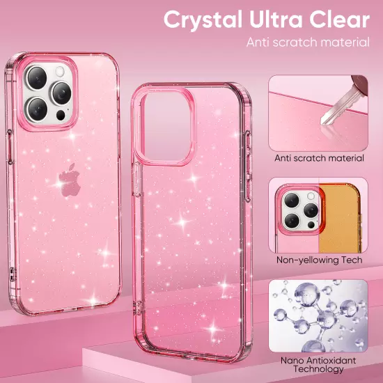 For iPhone 16 Pro Max 15 14 13 12 11 Slim Glitter Transparent Clear Phone Case