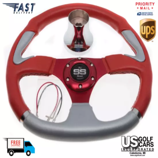 Club Car DS Steering Wheel with Hub Adapter - Red and Silver - 1985 to Current