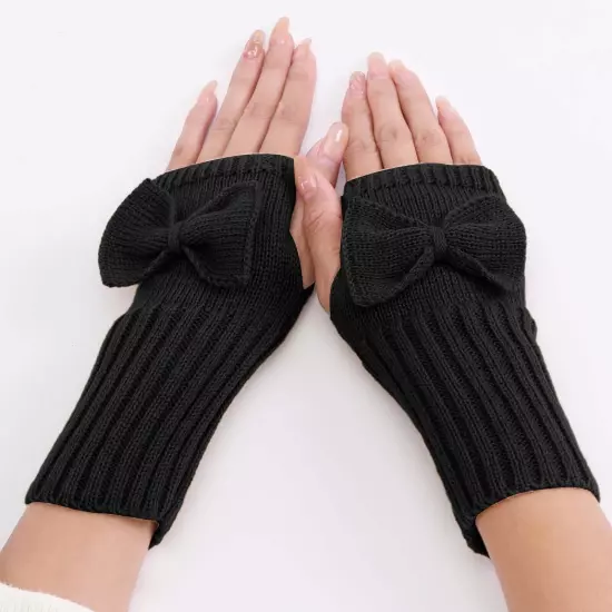 Short Bow Fingerless Gloves Autumn Winter Women's Solid Wrist Knitted Wool Glove