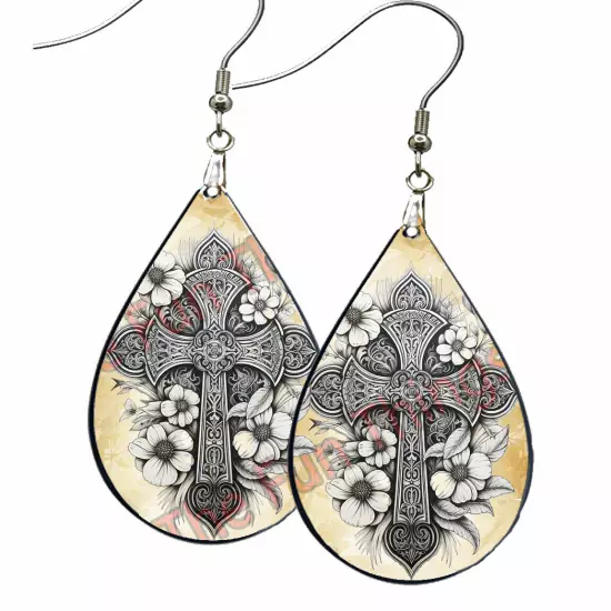 Celtic Cross Earrings Teardrop Dangle NO TARNISHING Religious Crucifix Jewelry