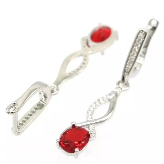 Bohemia Design Red Blood Rubies White CZ Woman's Engagement Silver Earrings 