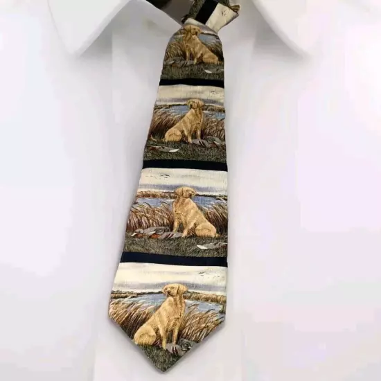 Mens Vtg Silk Tie Dogs Yellow Lab Mallard Labrador Decoy Endangered Cundiff