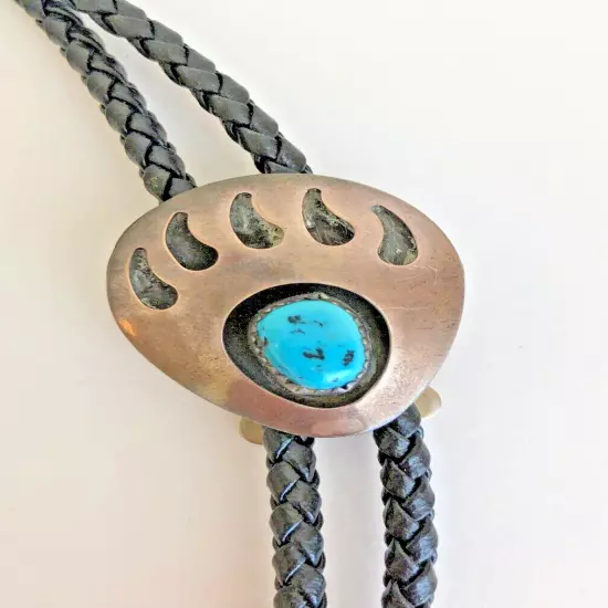 Vintage Bolo Tie Shadow Box Bear Claw Turquoise & Silver Leather Western Navajo