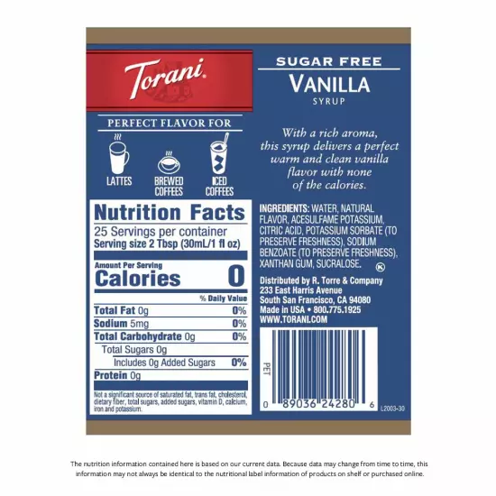 Torani Sugar Free Syrup Vanilla 25.4 Ounces Pack of 4