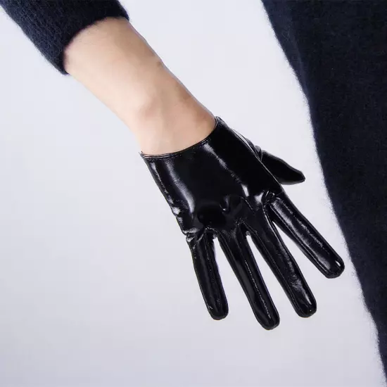 LATEX GLOVES Shine Leather Faux Patent Vegan PU 8" 21cm Short Basic Shine Black