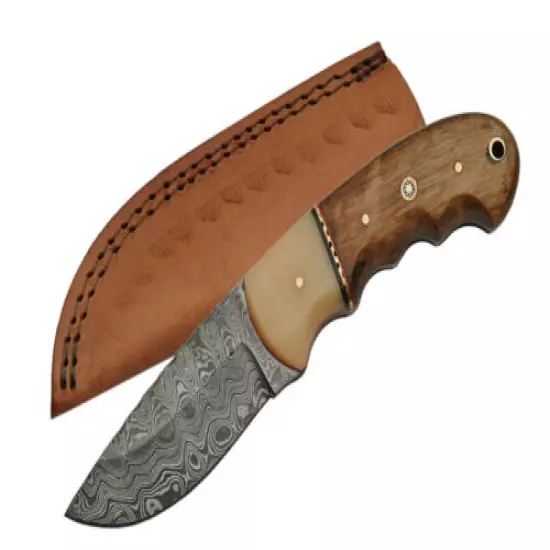 FIXED-BLADE HUNTING KNIFE | 8" Damascus Steel Blade Bone Walnut Handle Skinner