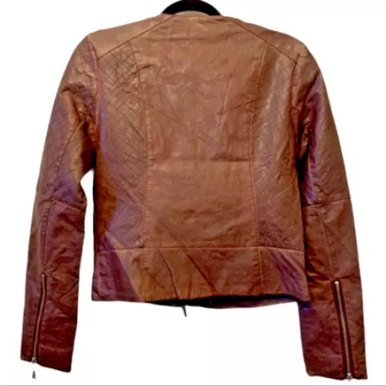 NWT JouJou BROWN Faux Leather Moto Jacket lots of zippers, Detailing S Small