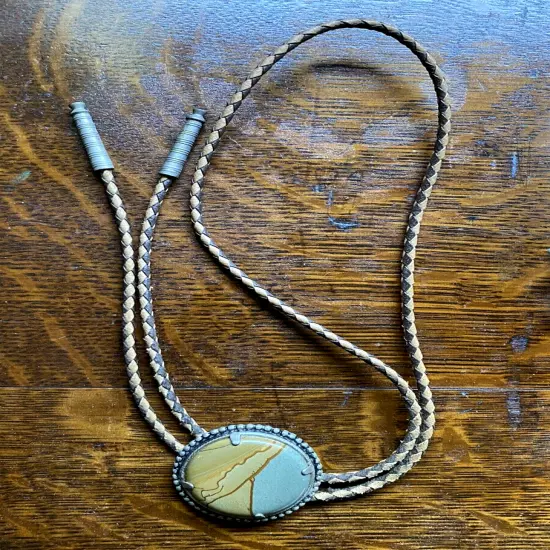 OLD Vintage JASPER DESERT SCENE BOLO TIE Western PENDANT NECKLACE