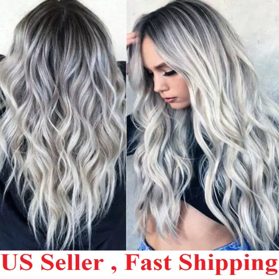 Silver Grey Body Wave Wig Dark Gray Long Wavy Synthetic Hair US