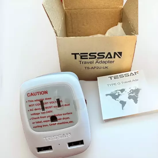 NEW Tessan Travel Adapter TS-AP2U-UK 1 Outlet 2 USB USA to UK Ireland Type G