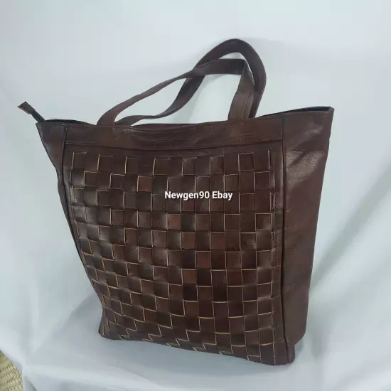 Genuine Goat Leather Bag Women's Handbag Brown checkered Shoulder Bag Tote Purse