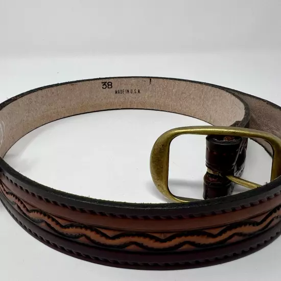 Vintage Men's Brown Brass Buckle Hand-Tooled Leather Belt Size 38