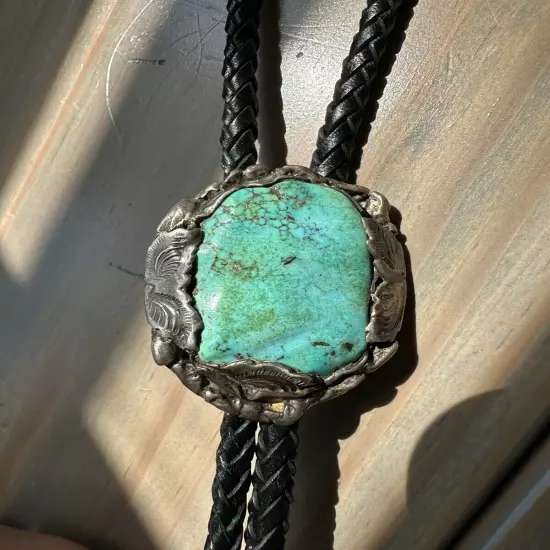 Vintage Large Chunk Turquoise Sterling Silver Native American Western Bolo Tie