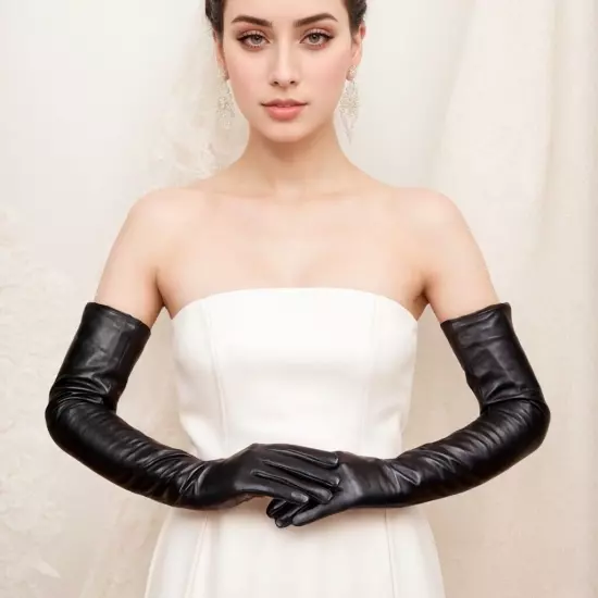 Women Opera 58cm(22.8") Sheep Leather Black Gloves Wedding party Long Gloves