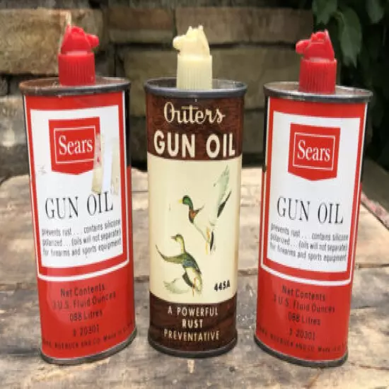 Vtg Lot 3 1950s 60s Sears Gun Oil & Outers Gun Oil 3oz Handy Oiler Oil Cans Tins