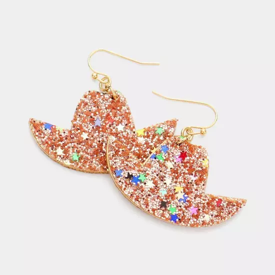 Peach Glittered Cowboy Hat Dangle Earrings