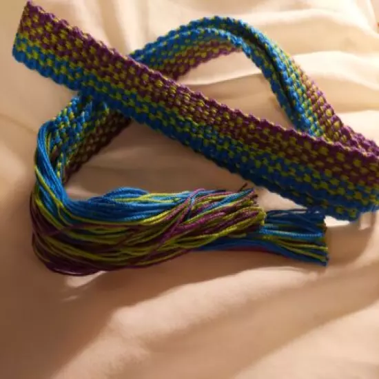 Item93020207: Powder Horn inkle loom strap belt blue lime purple 23" x 1 1/4"