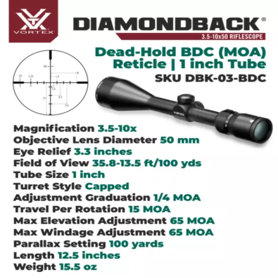 Vortex Optics Diamondback 3.5-10x50 Riflescope Dead-Hold BDC MOA with Hat Bundle