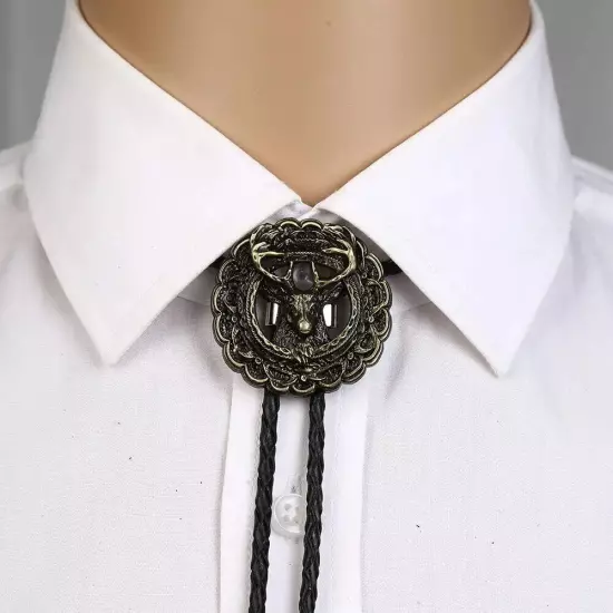 Vintage Bolo Tie Western Cowboy Indian Deer Head Mens Necklace PU Rope Alloy