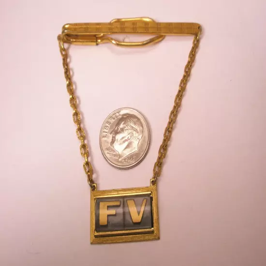 FV Monogram Initial Cable Link Chain Vintage HICKOK Pendant Tie Bar Clip