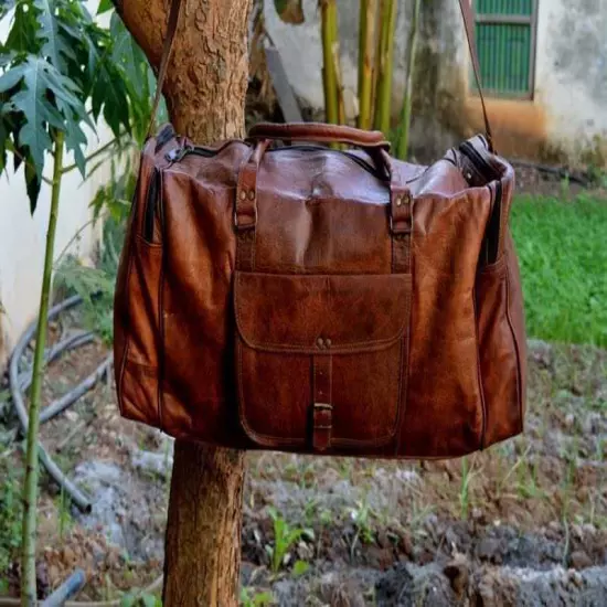 Vintage Genuine Goat Brown Leather Travel Luggage Duffel Weekender Overnight Bag