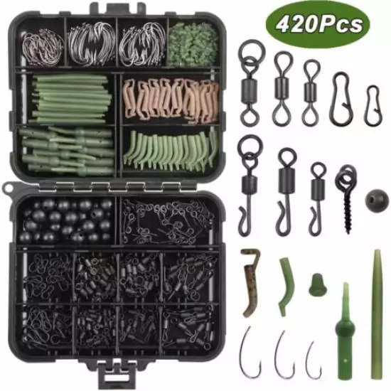 Carp Fishing Tackle Kits 420Pcs/Box Including Swivels Hooks Anti Tangle Sleeves