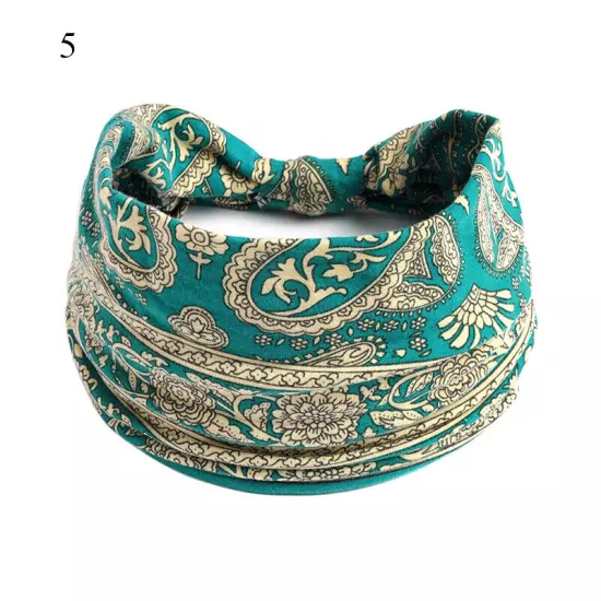 Women Boho Flower Print Wide Headband Vintage Knot Elastic Turban Headwrap *