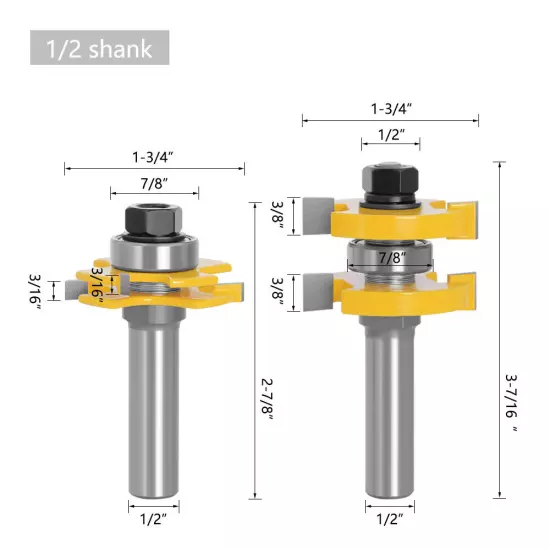 2PCS 1/2in(12.7mm) 12mm Shank Joint Router Bits Set Tongue and Groove Adjustable